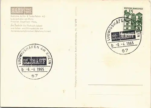 Ansichtskarte Ludwigshafen Luftbild BASF 100 Jahre Sonderstempel 1965