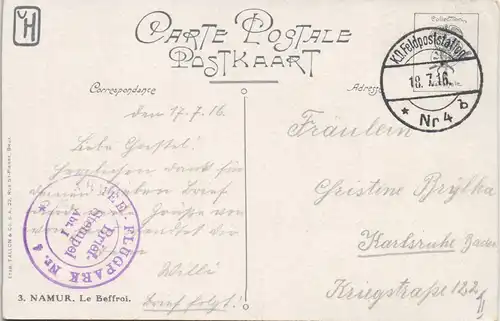 Postkaart Namur Namen Le Beffroi - Künstlerkarte 1916