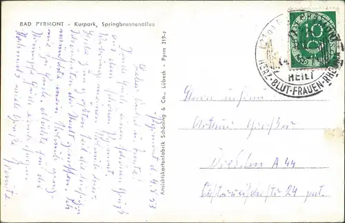 Ansichtskarte Bad Pyrmont Kuranlagen Kurpark mit Springbrunnen-Allee 1953