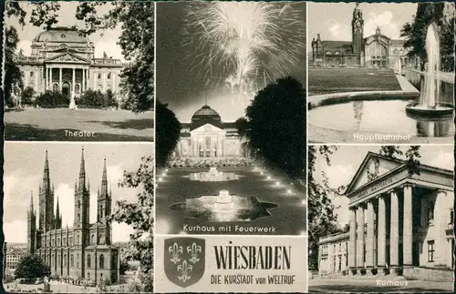 Ansichtskarte Wiesbaden Mehrbild-AK mit Feuerwerk & Stadtteilansichten 1955