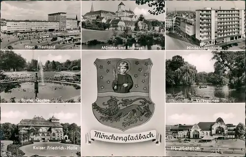 Mönchengladbach Mehrbild-AK ua. Haus Westland, Bahnhof, Hindenburgstraße   1962