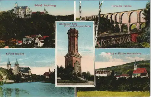 Wechselburg: Schloß, Turm - Rochlitzer Berg, Schloß und Göhrener Brücke 1912