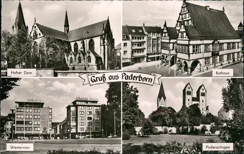 Paderborn Mehrbild-AK mit Dom, Rathaus, Westerntor und Paderanlagen 1960