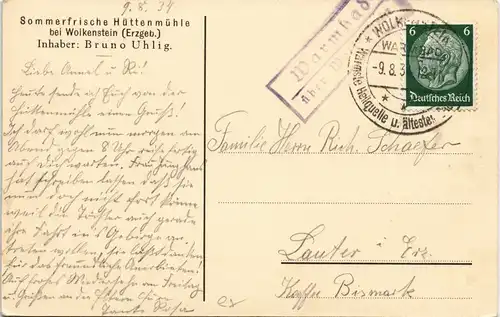 Ansichtskarte Wolkenstein Hüttenmühle gelaufen Landpoststempel 1934