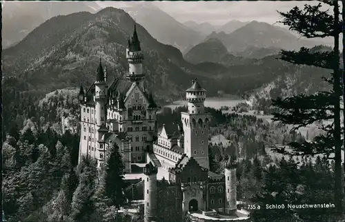 Schwangau Schloss Neuschwanstein Berg Panorama, Castle, Chateau 1960