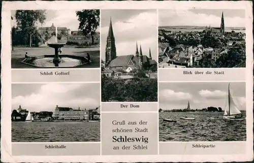 Ansichtskarte Schleswig (Sleswig/Slesvig) Schloß, Schleihalle, Schlei 1957