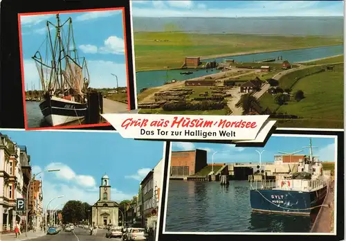 Ansichtskarte Husum Mehrbild-AK Hafen mit Kutter, Luftbildaufnahme uvm. 1980