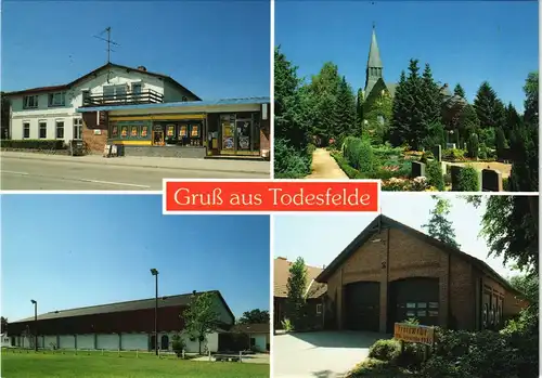 Todesfelde Mehrbild-AK 4 Ortsansichten ua. Friedhof, Geschäft uvm. 1980