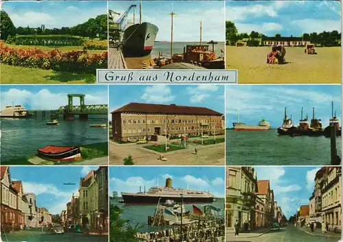 Nordenham Mehrbildkarte mit 9 Ansichten, ua. Hafen, Schiffe, Straßen 1966