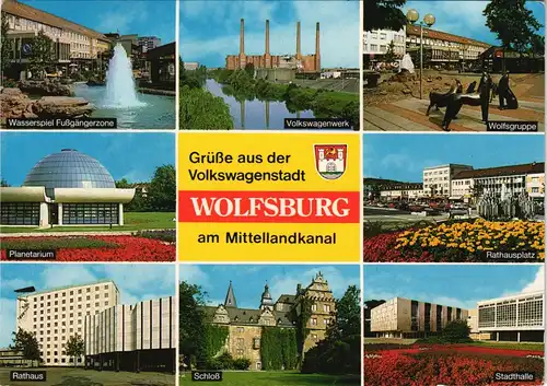 Wolfsburg Mehrbild-AK Stadtteilansichten u.a. Volkswagen-Werk uvm. 1985