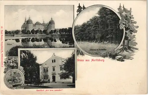 Ansichtskarte Moritzburg 3 Bild: Gasthof Au bon Marche, etc 1911