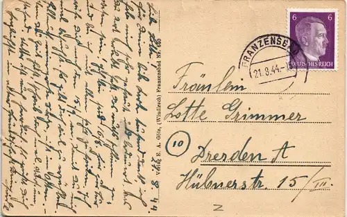 Postcard Franzensbad Františkovy Lázně Wolfs Hotel Imperial 1944