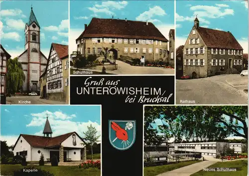 Unteröwisheim Mehrbild-AK mit Kirche, Schulhaus, Kapelle uvm. 1975
