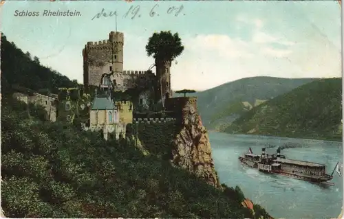 Bingen am Rhein Rhein Schiff passiert Burg Schloss Rheinstein 1908