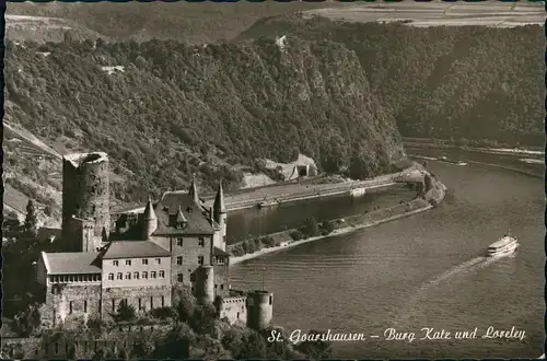 Ansichtskarte St. Goarshausen Blick auf Burg Katz und Rheinschiff 1962