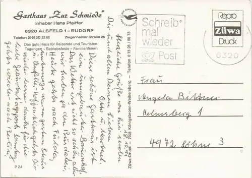 Alsfeld-Eudorf Gasthaus Zur Schmiede Inh. H. Pfeiffer, Mehrbild-AK 1991