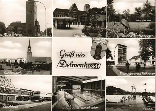 Ansichtskarte Delmenhorst Demost Rathaus, Tankstelle, Graftanlagen 1973