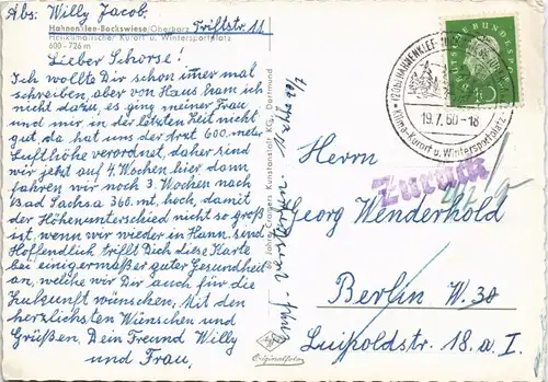 Hahnenklee-Bockswiese-Goslar Luftbild coloriert, Stempel zurück 1960