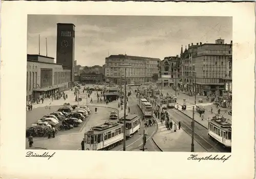 Ansichtskarte Düsseldorf Hauptbahnhof, Straßenbahn 1953