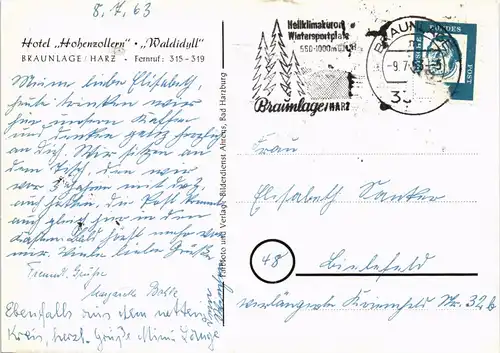 Ansichtskarte Braunlage Hotel Hohenzollern Waldidyll 1963