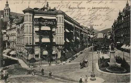 Ansichtskarte Baden-Baden Leopoldsplatz belebt mit Hotel Victoria 1908