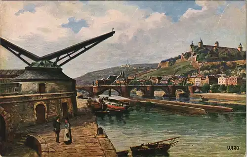 Würzburg Alte Mainbrücke Künstlerkarte Main-Partie WIRO Karte 1910