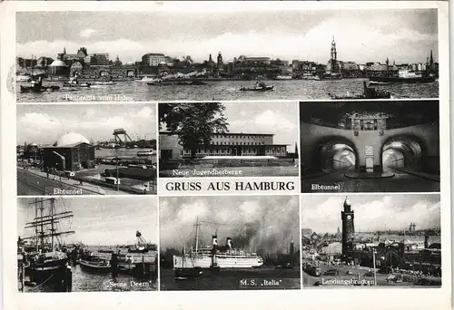Hamburg Mehrbild-AK ua. Dampfer MS Italia, Hafen, Elbe-Tunnel uvm. 1957