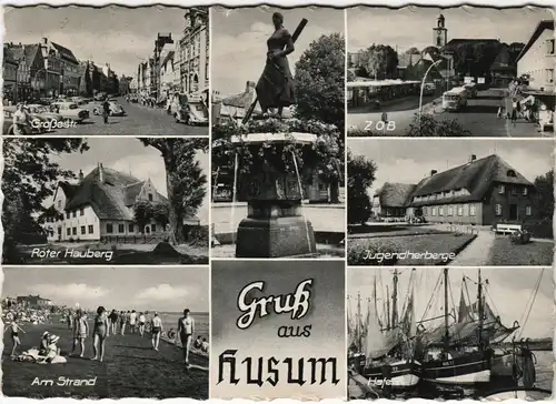 Husum Mehrbild-AK mit Jugendherberge, Straßen, Hafen, Strand uvm. 1962