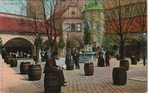 Ansichtskarte München Partie im Kneiphof, Personen auf Fässern 1910