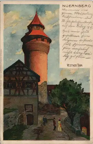 Nürnberg Stadtteilansicht Vestner Tur, Künstlerkarte (K. Mutter) 1910