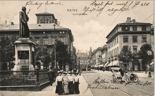 Ansichtskarte Mainz Ludwigstrasse, Frauen, Autos 1908