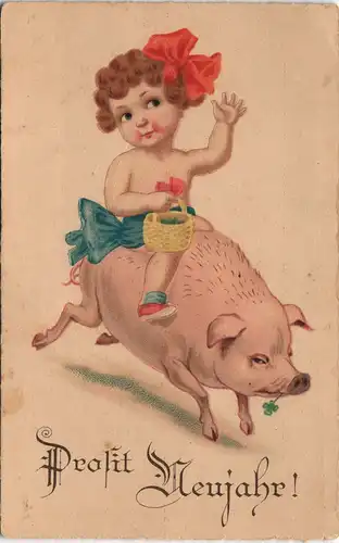 Neujahr/Sylvester Mädchen reitet auf Glücksschwein Künstlerkarte 1928