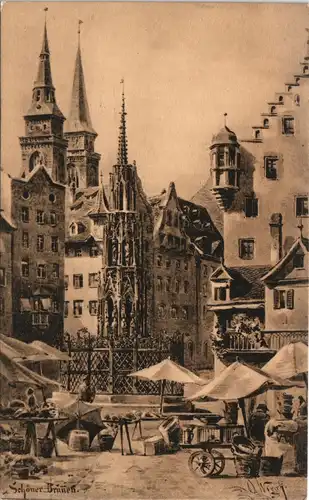 Ansichtskarte Nürnberg Schöner-Brunnen, Markttreiben, Stadtansicht 1907