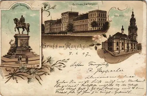 Ansichtskarte Litho AK Mannheim Schloss, Kaiser Denkmal, Schloß 1897