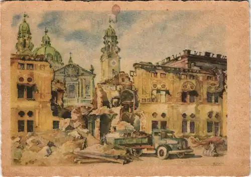 Ansichtskarte München zerstörte Residenz Künstlerkarte 1949