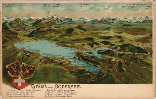 Ansichtskarte .Vorarlberg Gruss vom Bodensee mit Alpen, Reliefkarte 1940