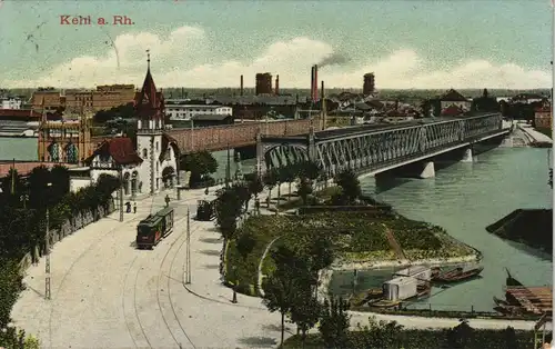 Kehl (Rhein) Panorama-Ansicht Verkehrsbrücke mit Straßenbahn 1910