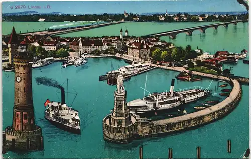 Ansichtskarte Lindau (Bodensee) Künstlerkarte Lokomotive Hafen Dampfer 1912