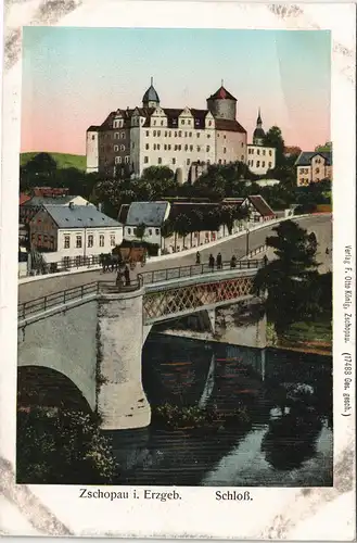 Ansichtskarte Zschopau Brücke, Straße, Schloß 1909 Goldrand