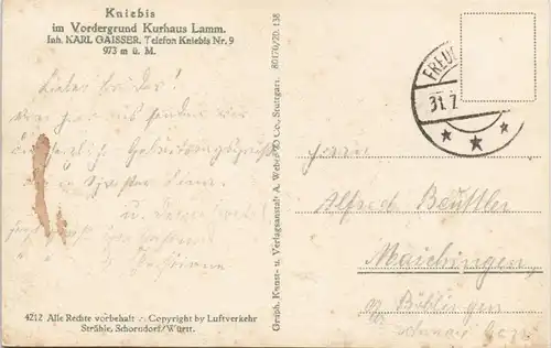 Ansichtskarte Kniebis-Freudenstadt Luftbild Kurhaus Lamm 1930