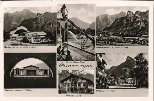 Ansichtskarte Oberammergau MB: Theater, Schwimmbad, Umland 1954