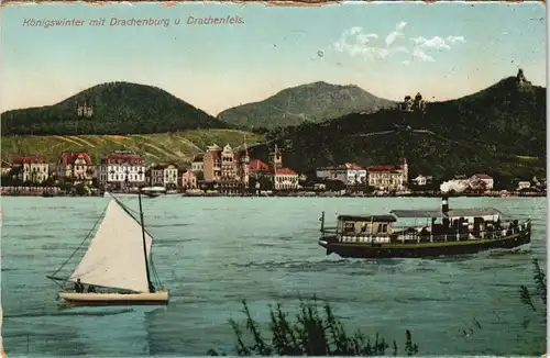 Königswinter Drachenburg Rheindampfer Segler Rhein Panorama 1910