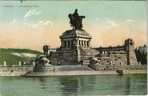 Koblenz Deutsches Eck am Rhein mit Denkmal, Reiter-Standbild 1910