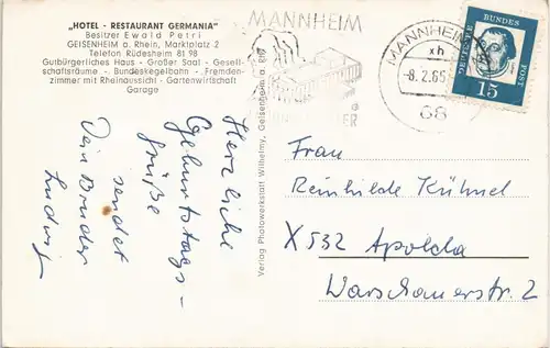 Ansichtskarte Rüdesheim (Rhein) MB Gasthaus Germania 1965