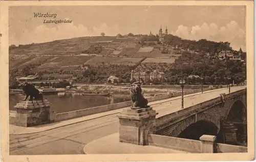 Würzburg Ludwigsbrücke Brücke Löwe als Brückenkopf 1910   gel  Stempel WÜRZBURG