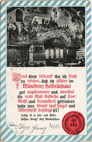 München Hofbräuhaus "Aufgabeort" Innenansicht mit "Urkunde" 1925