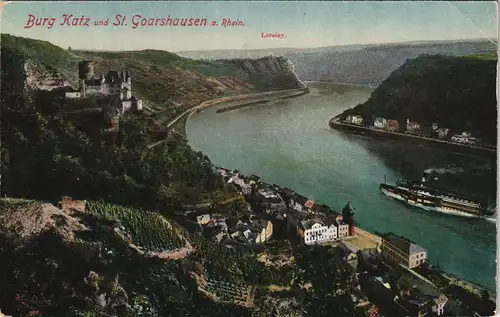 St. Goarshausen Rheindampfer Rhein Schiff passiert Burg Katz 1910