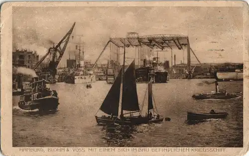 Ansichtskarte Altona-Hamburg BLOHM & VOSS KRIEGSSCHIFF Werft Schiffsbau 1920