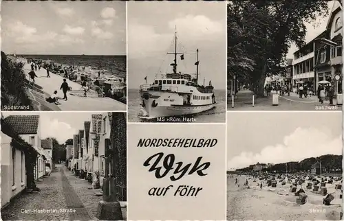 Wyk (Föhr) Mehrbild-AK mit Strand, Straße und Schiff MS RÜM HART 1960