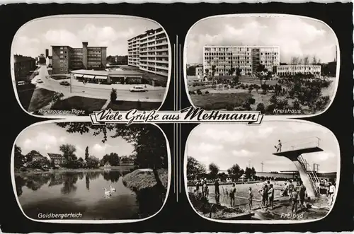 Mettmann Mehrbild-AK mit Kreishaus, Freibad, Goldbergerteich 1967